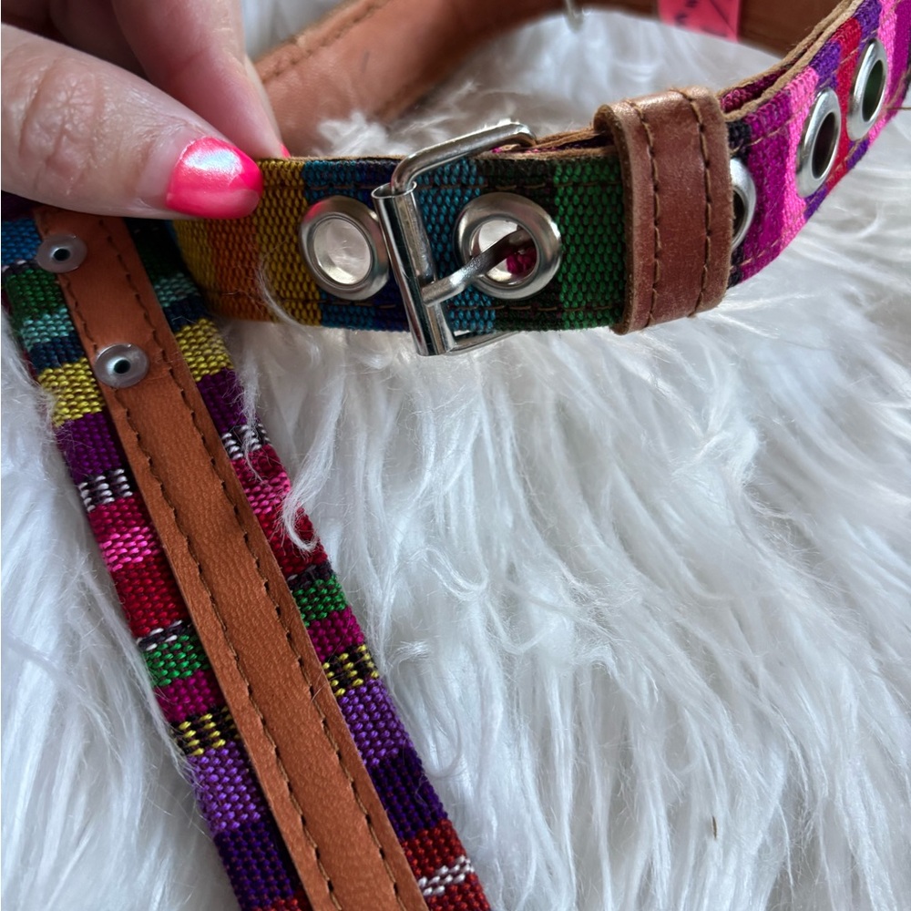 Artisan Dog Collar & Leash with Leather Accents 13”-18”